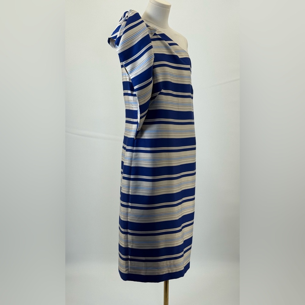 Banana Republic One Shoulder Striped Blue/Ivory With Bow Knee Length Dress SZ 16 - Picture 8 of 16